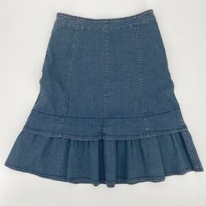VTG Spanner Denim Midi Skirt Blue Tiered Ruffle Hem A-Line Womens 10 Boho